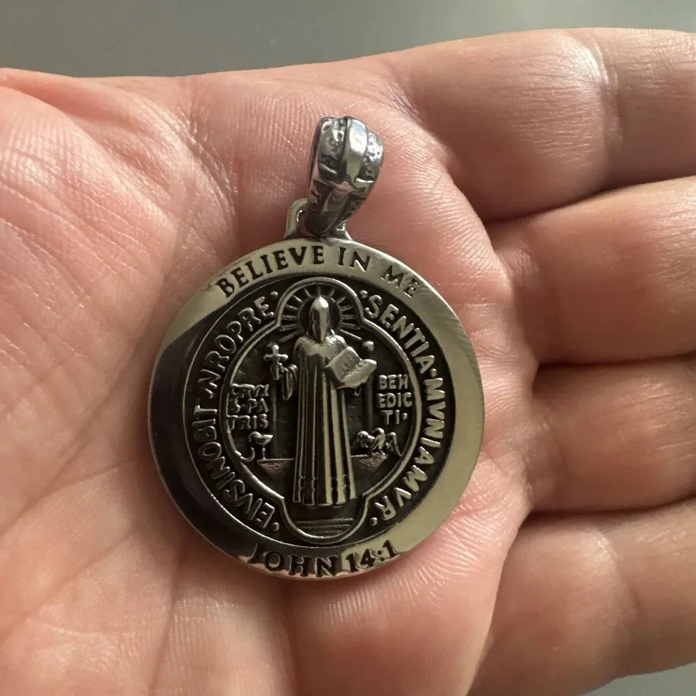 Saint Benedict Plated Pendant 24” Chain Stainless Steel Jesus Christ Silver